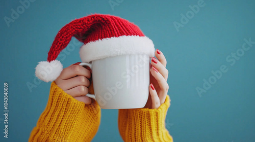 Happy New Year and Merry Christmas, Female holding coffee cup with Santa's hat on top surrounded by Christmas decorations on green background, Copy space, generative ai