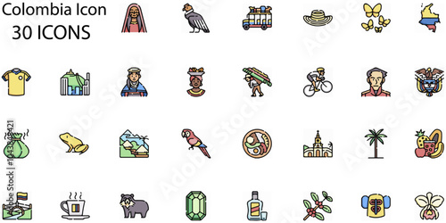 Set of Colombia icons. Line art style icons bundle. vector illustration
