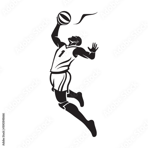 A basketball player soars into the air, preparing to dunk the ball. Vector illustration. AI generated.