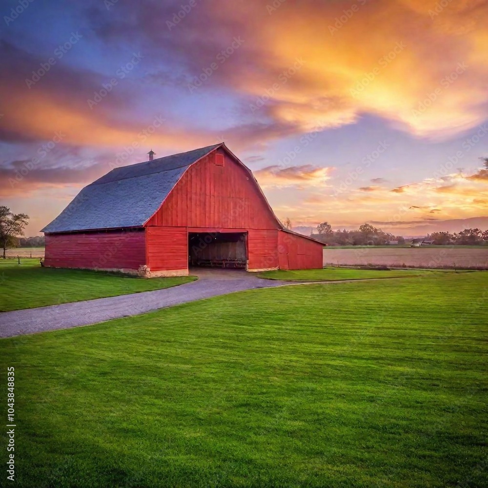 a peaceful sunset scene over a quaint rural farm. Show the sun setting behind a classic red barn and rolling fields, with the sky displaying a beautiful gradient of colors and a few scattered clouds a peaceful sunset scene over a quaint rural farm. Show the sun setting behind a classic red barn and rolling fields, with the sky displaying a beautiful gradient of colors and a few scattered clouds