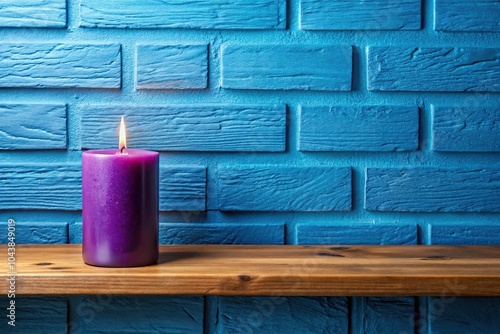 purple candle on wooden shelf with purple flowers