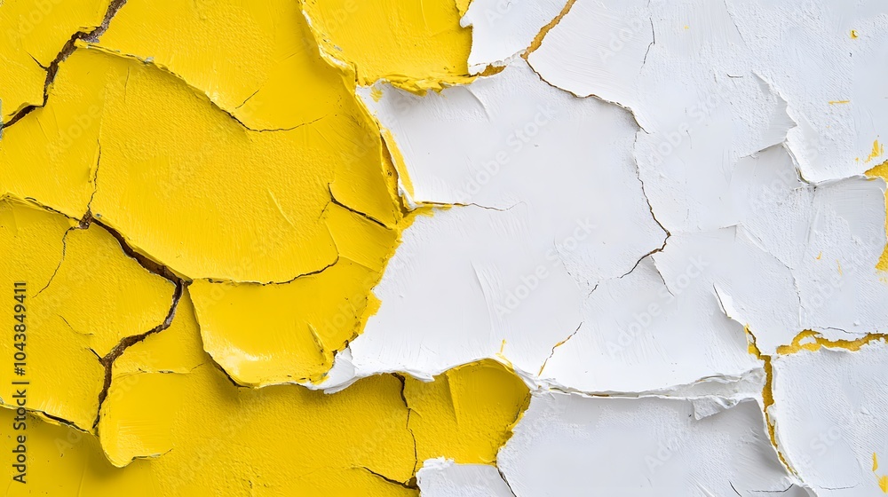 Obraz premium Cracked Thick Paint, Yellow and White, Abstract Image, Texture, Pattern Background, Wallpaper, Cover and Screen of Smartphone, PC, Laptop, 9:16 and 16:9 Format