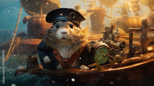 A Guinea Pig pirate with an eye patch and a tiny wooden ship, navigating through a playful ocean of bubbles and sea creatures. photo