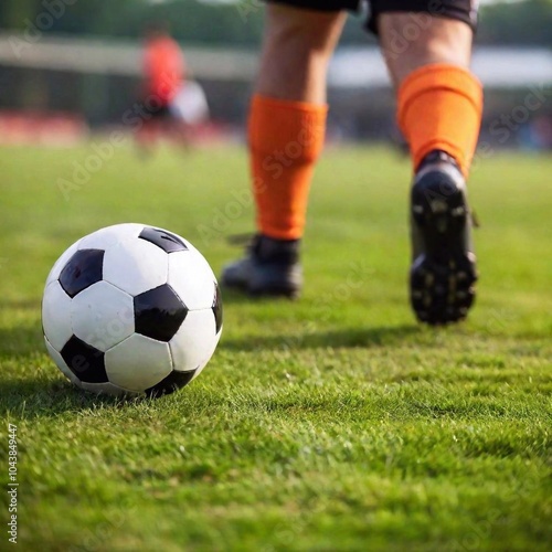 Close-up macro of a soccer player's wristband soaked with sweat, as the focus racks to the ball on the ground nearby. The Dutch angle adds a sense of urgency and intensity to the shot photo