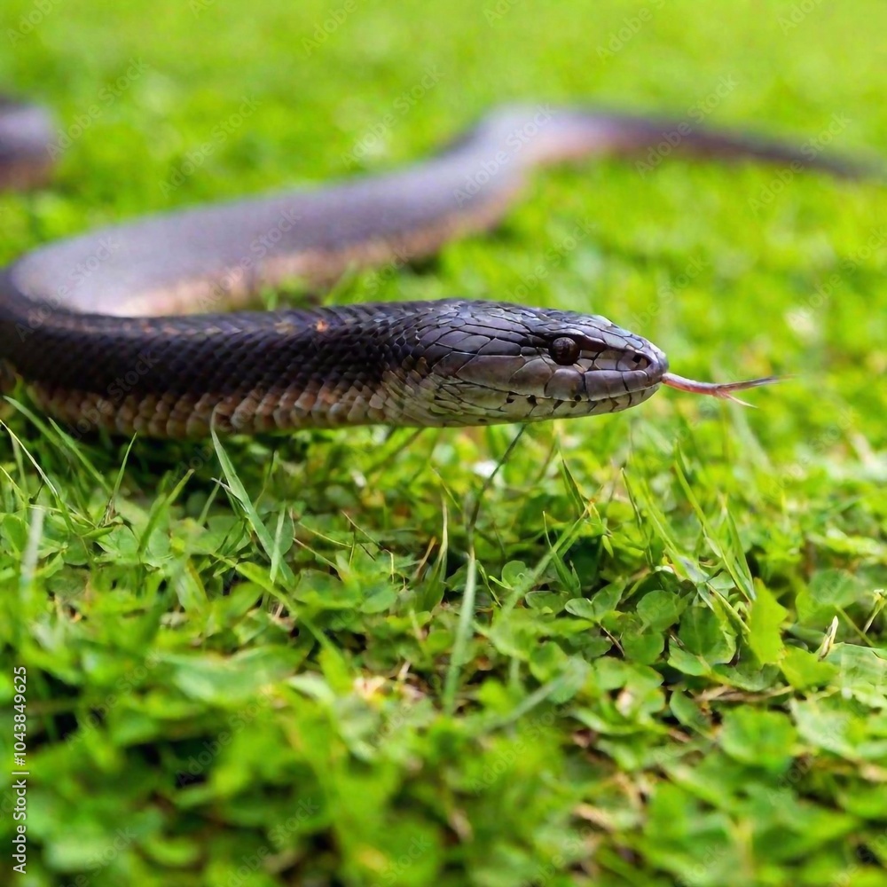 close-up of a snake slithering through the grass, with its forked tongue flicking out to taste the air, and vibrant green blades of grass framing the scene in soft focus close-up of a snake slithering through the grass, with its forked tongue flicking out to taste the air, and vibrant green blades of grass framing the scene in soft focus