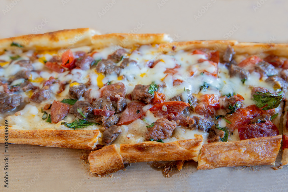 Pita with cheese and cubed meat.