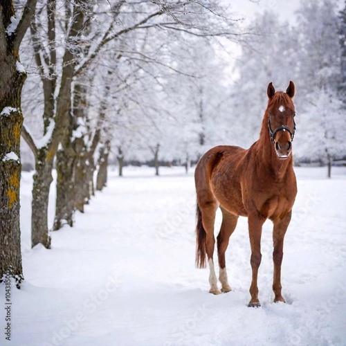 horse standing in snowy winter forest