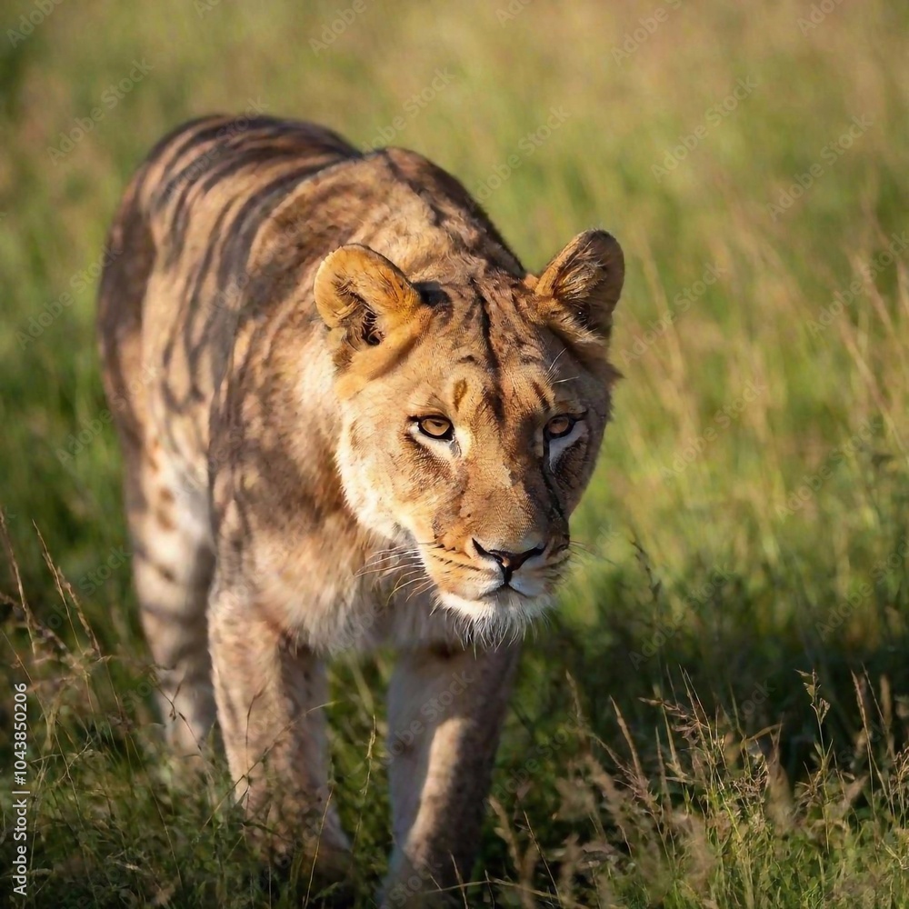 Obraz premium A macro photo of a lioness stalking through tall grass, deep focus on the tension in its muscles and its focused eyes, high-angle shot capturing its full body in mid-step, demonstrating the grace and