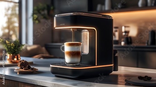 Modern Black Coffee Machine in a Stylish Kitchen with Cup - Sleek Home Appliance Closeup