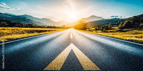 Asphalt Road Symbolism, Long, asphalted road with upward arrows. Symbolizes growth, development, success.Ideal for themes of progress, ambition, and continuous improvemen photo