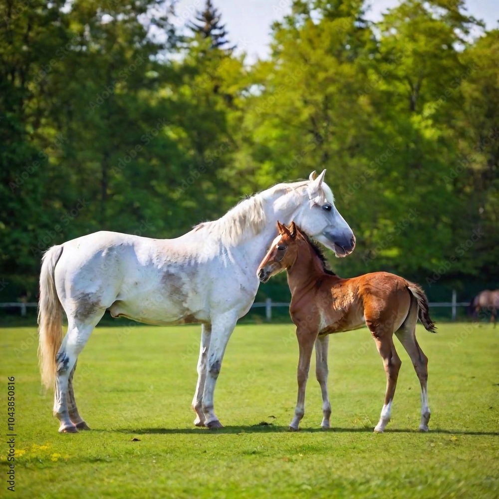 beautiful horse with a foal on the green meadow beautiful horse with a foal on the green meadow