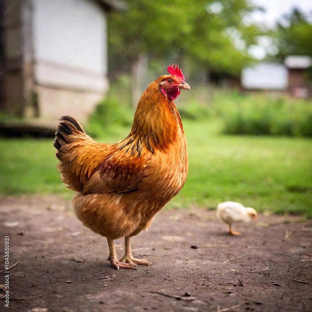 Fototapeta premium a closeup shot of a beautiful rooster on a farm in the countryside