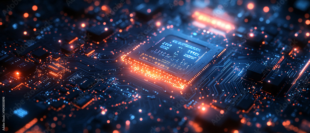 Closeup of a Circuit Board with Glowing Lights and Integrated Circuit, Closeup of a Circuit Board with Glowing Lights and Integrated Ci Closeup of a Circuit Board with Glowing Lights and Integrated Circuit, Closeup of a Circuit Board with Glowing Lights and Integrated Ci