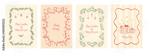 Hand drawn Merry Christmas vintage card set. Xmas frames with christmas tree, gift, toys, christmas lights garland. Minimalist prints in cute line doodle style. Vector illustration for cover, poster.