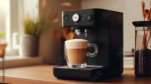 Modern Black Coffee Machine in a Stylish Kitchen with Cup - Sleek Home Appliance Closeup