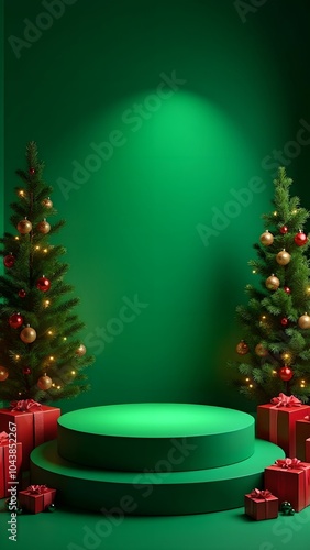 A bright green backdrop with a podium, sparkling red decorations and gifts create a cheerful festive atmosphere.