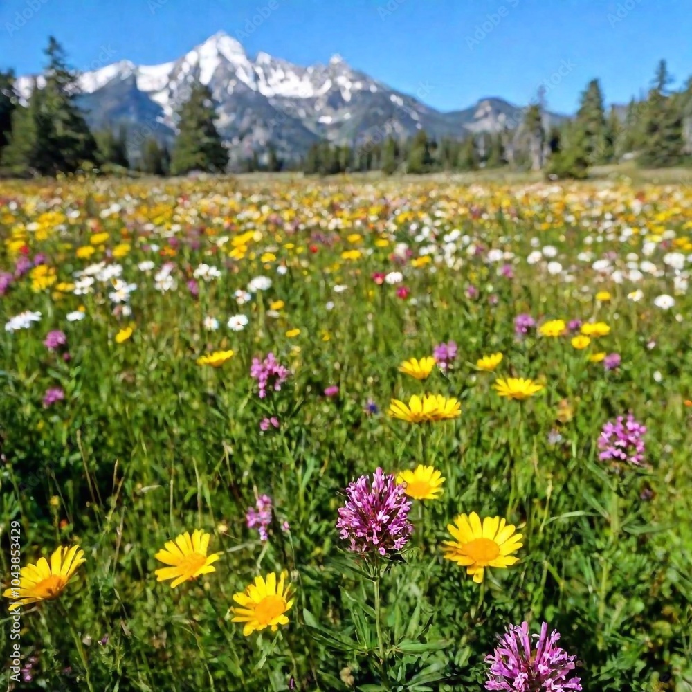 Fototapeta premium A hip-level, full shot of a wide-open meadow blanketed with colorful wildflowers, stretching toward a distant mountain range. The shot captures the flowers up close, with the mountains providing a