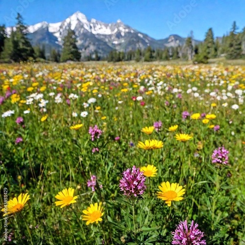 A hip-level, full shot of a wide-open meadow blanketed with colorful wildflowers, stretching toward a distant mountain range. The shot captures the flowers up close, with the mountains providing a