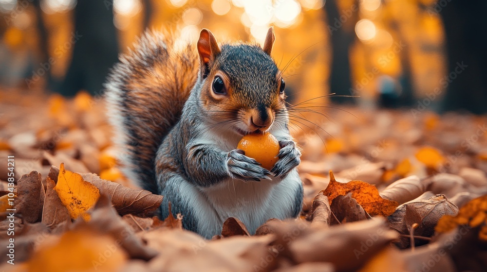 Squirrel holding a nut amidst autumn leaves. Squirrel holding a nut amidst autumn leaves.