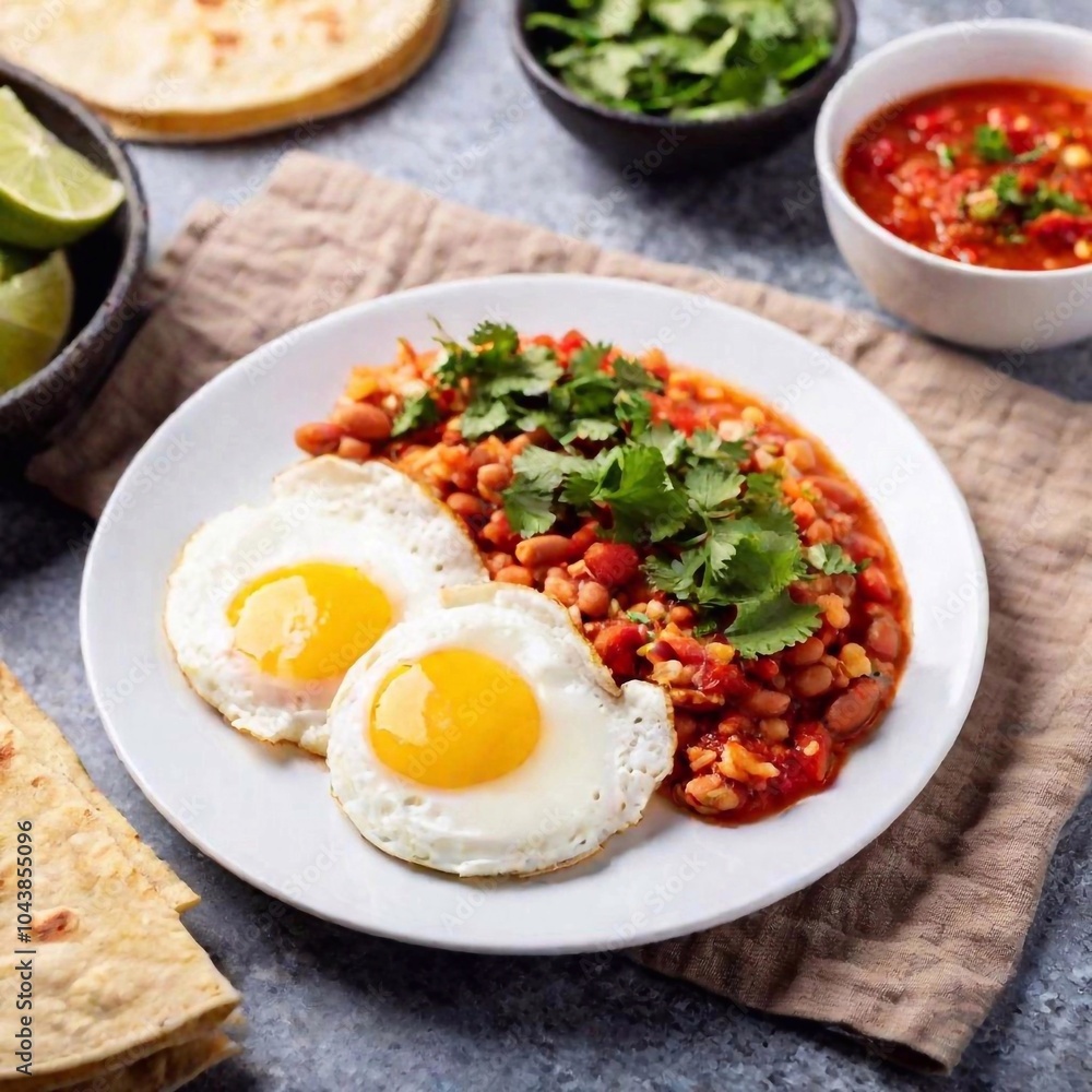 mexican food, tortilla beans and fried egg with vegetables mexican food, tortilla beans and fried egg with vegetables
