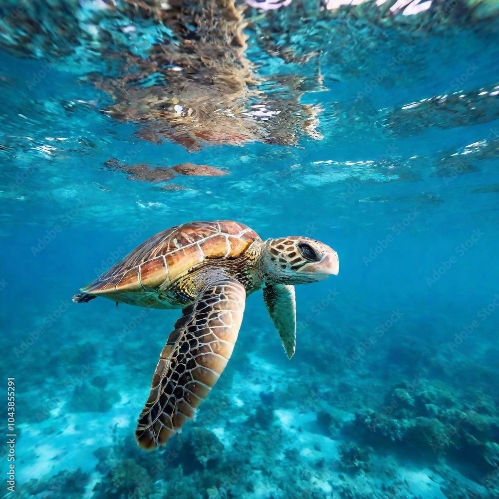 Fototapeta premium A close-up shot of a graceful sea turtle's head and flippers as it glides through the water, with soft focus creating a soothing, blurred effect of the underwater world around it