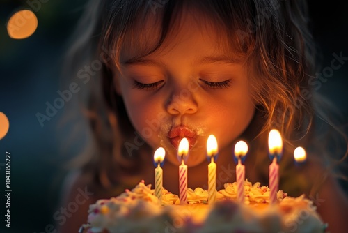 Wallpaper Mural Joyful child blowing out birthday candles on a cake at dusk Torontodigital.ca