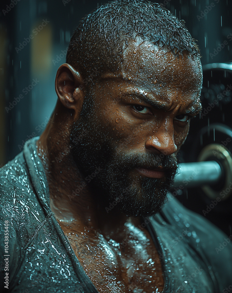 focused male athlete prepares for a lift, rain enhancing the intensity of his workout, capturing his powerful physique and determination focused male athlete prepares for a lift, rain enhancing the intensity of his workout, capturing his powerful physique and determination