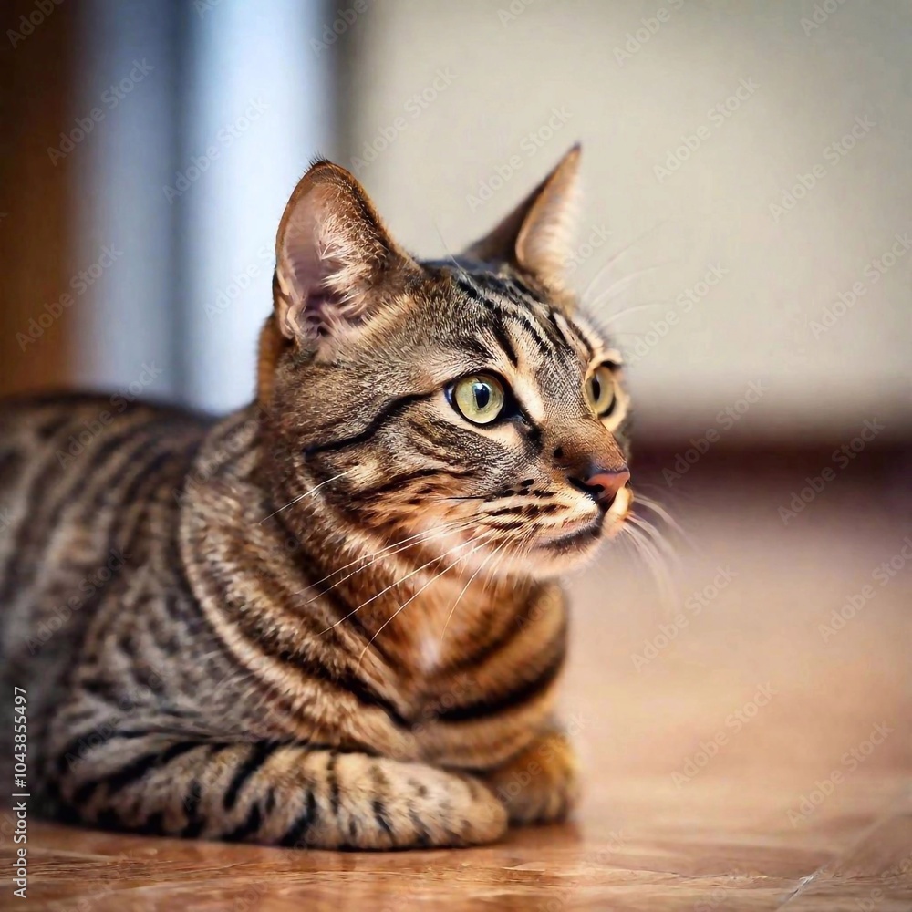 Obraz premium A close-up portrait of a cat face, the detailed focus on its pointed ears and sharp eyes while the fur around its neck and the room behind gently blur out of focus