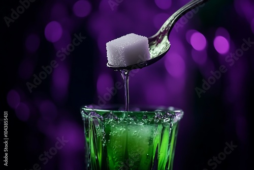 Sugar cube being dropped into an absinthe drink. photo