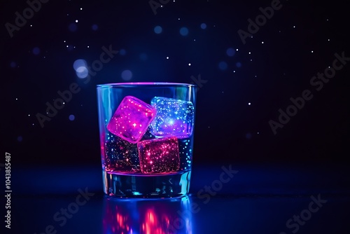 Neon Ice Cubes in a Glass on a Black Background.