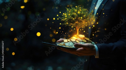 A businessman holding a coin on tablet with a tree that grows and a tree that grows on a pile of money. The idea of maximizing the profit from the business investment photo