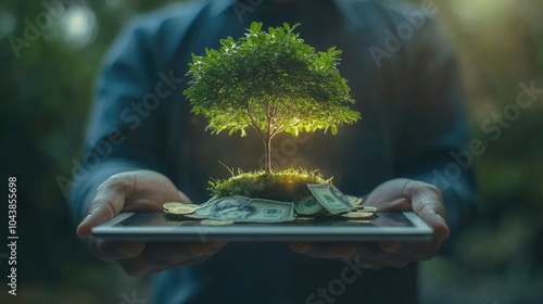 A businessman holding a coin on tablet with a tree that grows and a tree that grows on a pile of money. The idea of maximizing the profit from the business investment photo