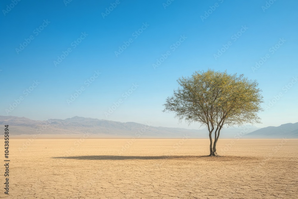 Solitary tree in vast desert landscape under clear blue sky Solitary tree in vast desert landscape under clear blue sky