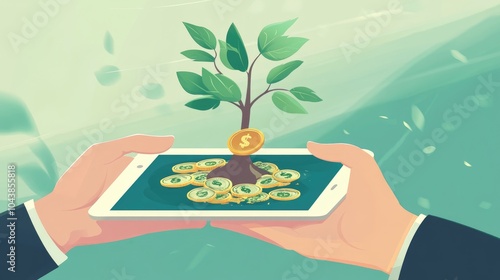 A businessman holding a coin on tablet with a tree that grows and a tree that grows on a pile of money. The idea of maximizing the profit from the business investment photo