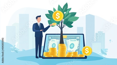 A businessman holding a coin on tablet with a tree that grows and a tree that grows on a pile of money. The idea of maximizing the profit from the business investment photo