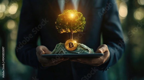 A businessman holding a coin on tablet with a tree that grows and a tree that grows on a pile of money. The idea of maximizing the profit from the business investment photo