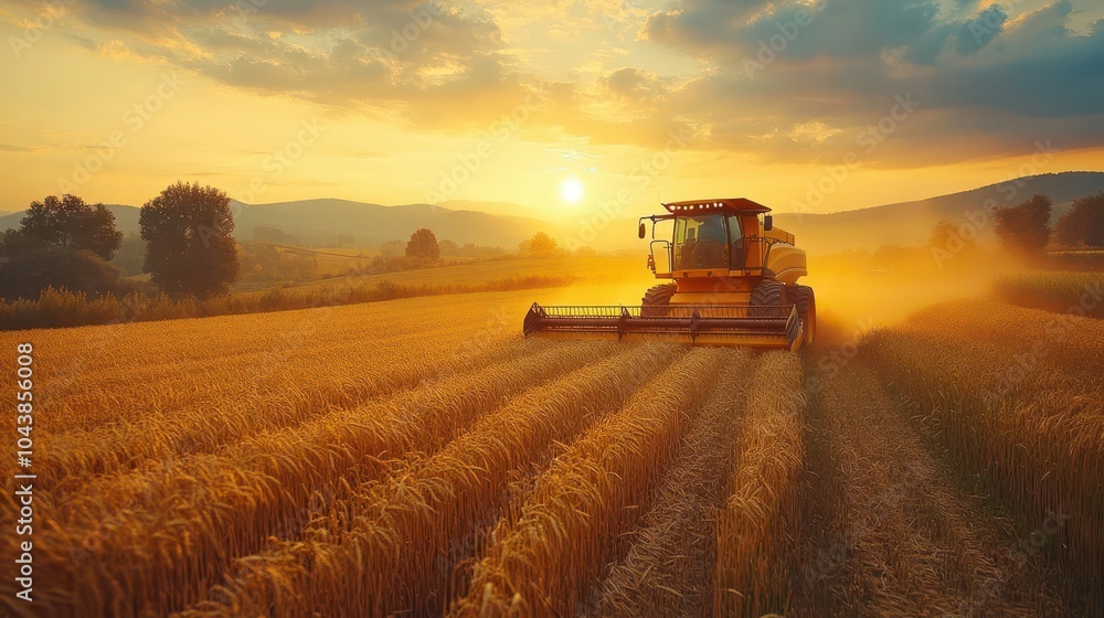 Fototapeta premium golden combine harvester moving through vast fields of ripe golden wheat surrounded by a picturesque rural landscape with a sunlit sky creating a sense of abundance and hard work
