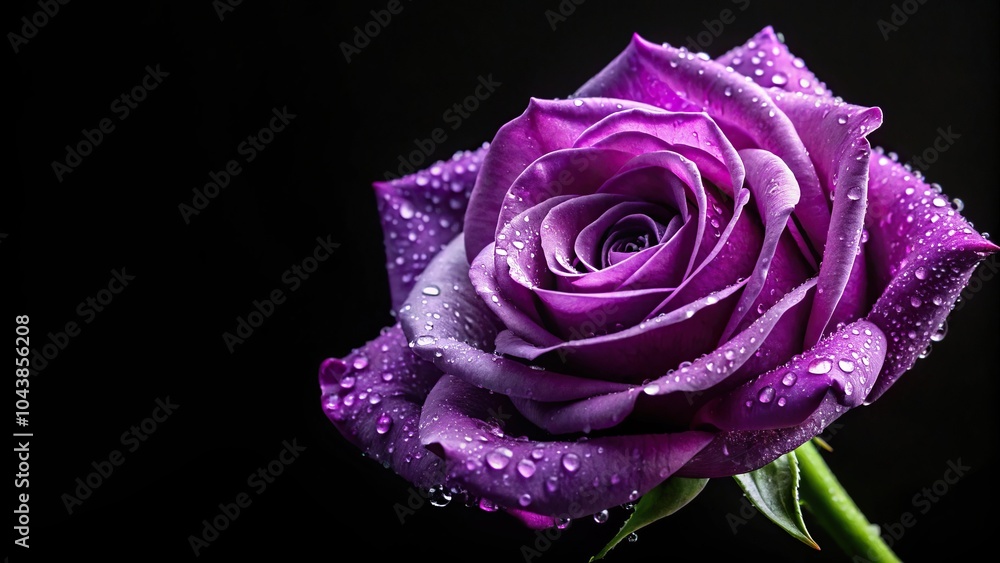 Purple rose with water droplets on black background Purple rose with water droplets on black background