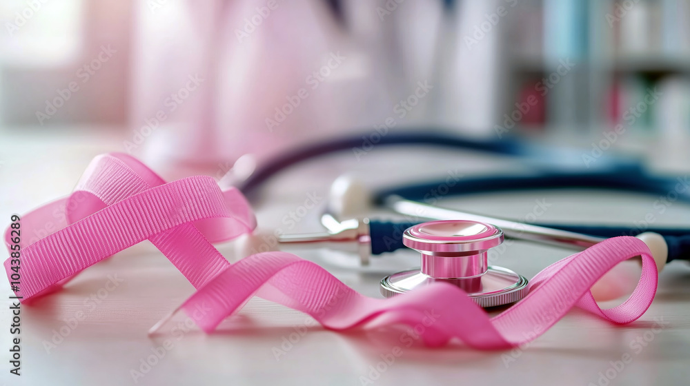 Stethoscope and pink ribbon symbolize hope in cancer care. A stethoscope lies beside a pink ribbon, representing the fight against cancer in a healthcare environment. Stethoscope and pink ribbon symbolize hope in cancer care. A stethoscope lies beside a pink ribbon, representing the fight against cancer in a healthcare environment.