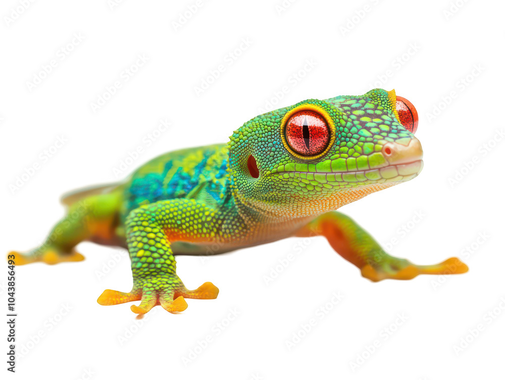 Fototapeta premium Vibrant gecko with striking red eyes and colorful scales on a white background.