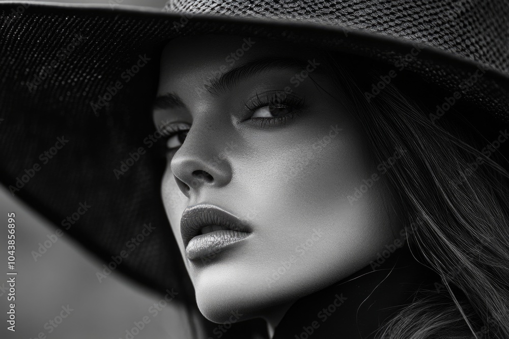 Mystery and elegance: close-up portrait of woman in stylish hat with intense gaze Mystery and elegance: close-up portrait of woman in stylish hat with intense gaze