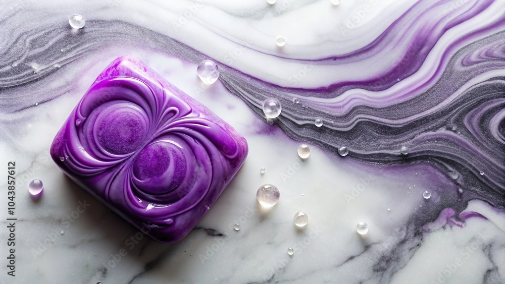 Purple swirled soap on marble background with water droplets aerial view Purple swirled soap on marble background with water droplets aerial view