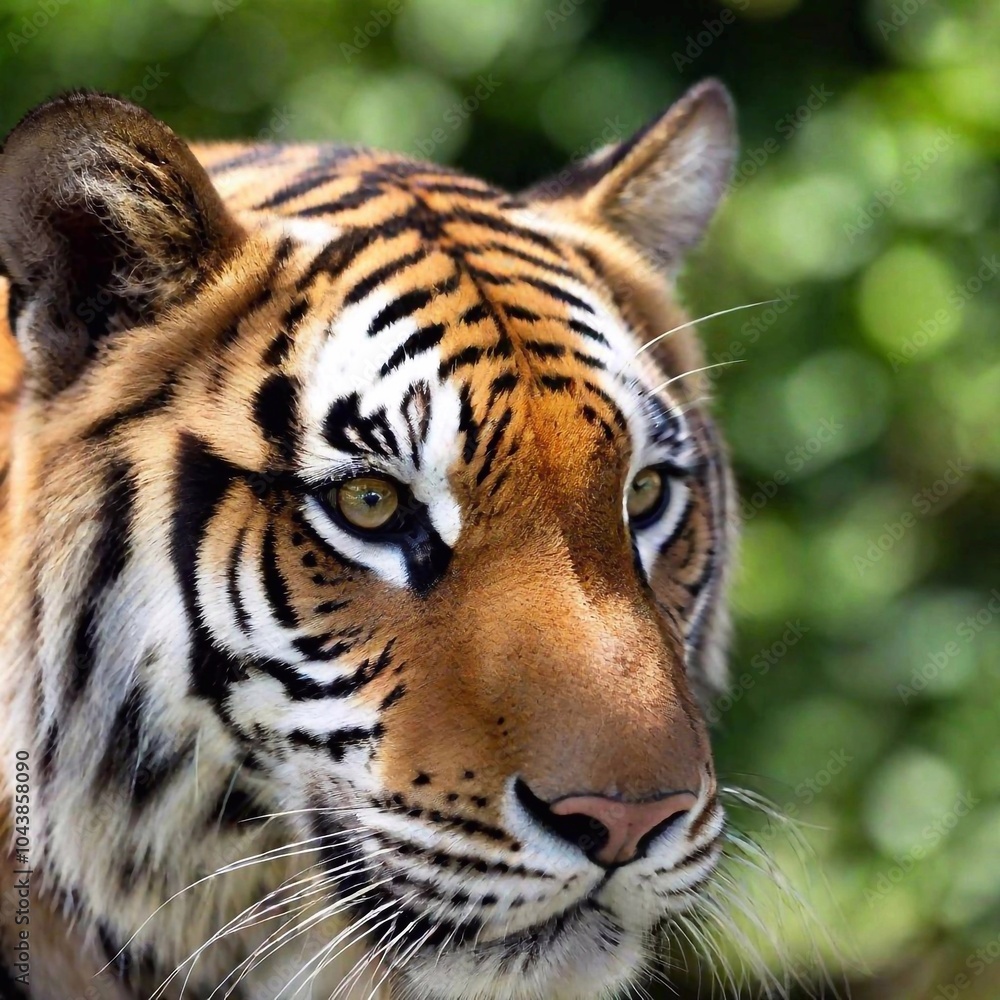 Fototapeta premium close-up of a tiger face, with its intense amber eyes locked on the viewer, whiskers twitching, and its orange and black stripes vividly standing out against the softly blurred greenery behind it