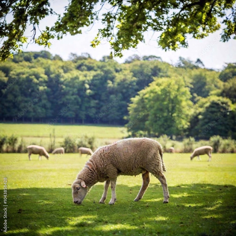 A full shot of a sheep grazing peacefully under a tree, with soft focus giving a tranquil, slightly blurred view of the sheep and the surrounding meadow A full shot of a sheep grazing peacefully under a tree, with soft focus giving a tranquil, slightly blurred view of the sheep and the surrounding meadow