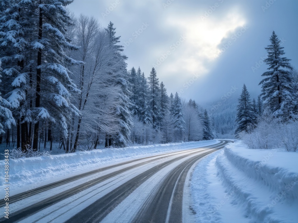 Snow-covered road winding through a dense pine forest in winter with snow-laden branches and cloudy sky, creating a serene and cold atmosphere Snow-covered road winding through a dense pine forest in winter with snow-laden branches and cloudy sky, creating a serene and cold atmosphere