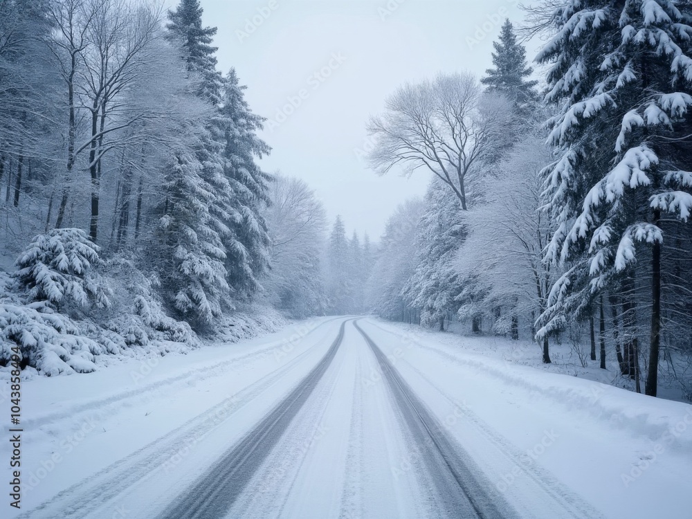 Snow-covered forest road leading through tall, snow-dusted pine trees, creating a tranquil winter scene with soft daylight and overcast sky Snow-covered forest road leading through tall, snow-dusted pine trees, creating a tranquil winter scene with soft daylight and overcast sky