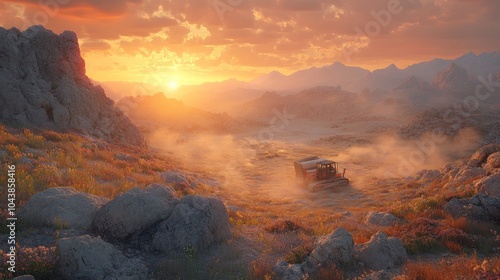 Sunset over rocky landscape with a vehicle in view.