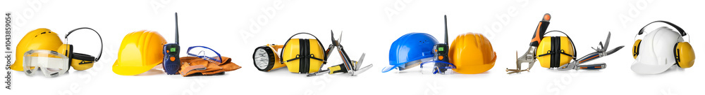 Set of safety equipment and tools on white background Set of safety equipment and tools on white background