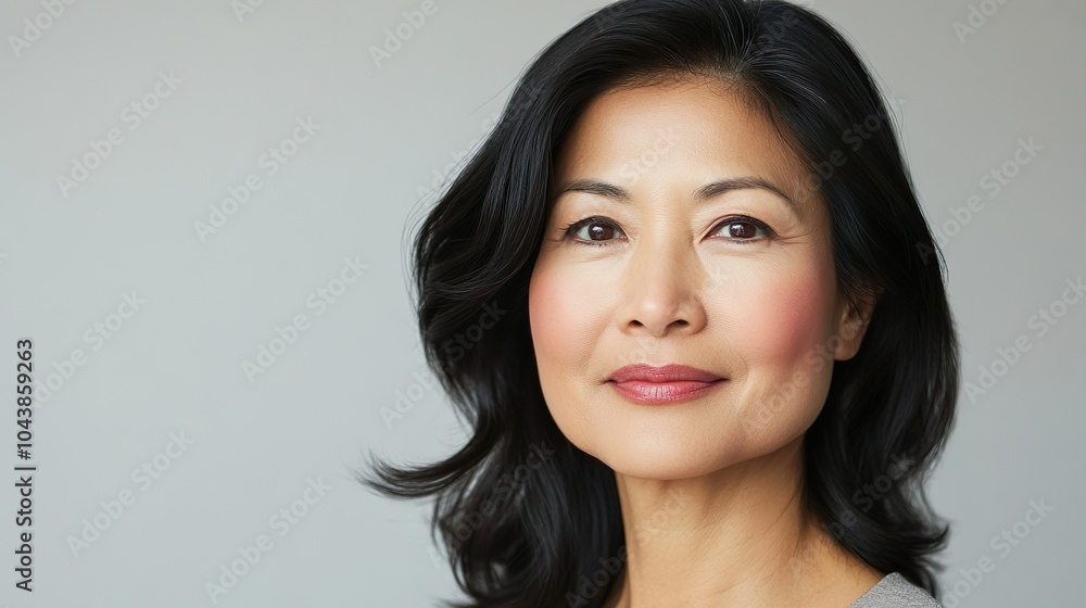 Portrait of a middle-aged Asian woman with a serene look. Cosmetology, beauty, skincare concept Portrait of a middle-aged Asian woman with a serene look. Cosmetology, beauty, skincare concept