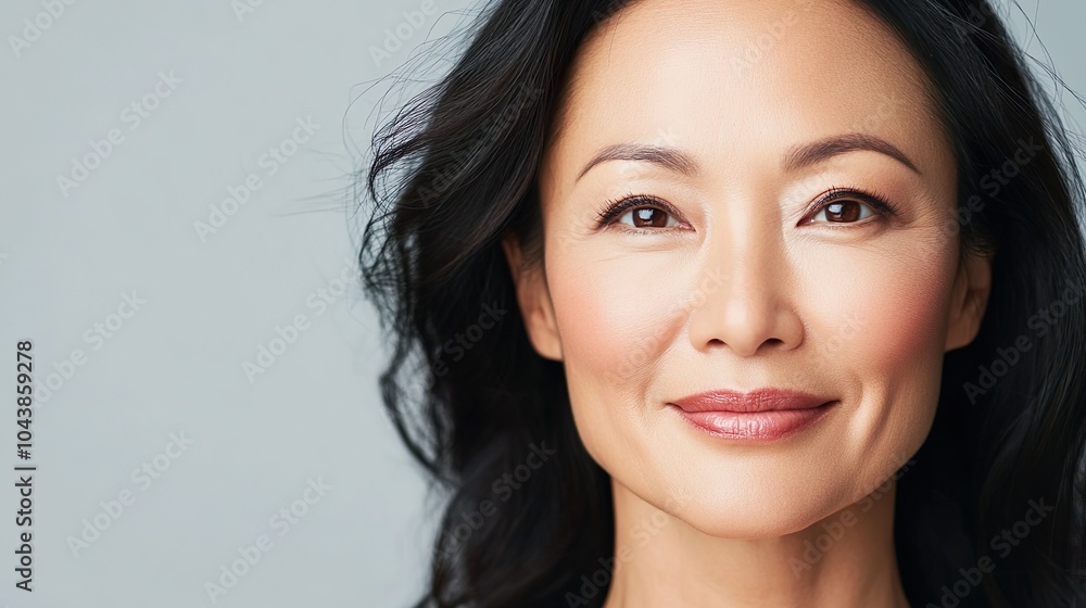Portrait of a middle-aged Asian woman with a serene look. Cosmetology, beauty, skincare concept Portrait of a middle-aged Asian woman with a serene look. Cosmetology, beauty, skincare concept